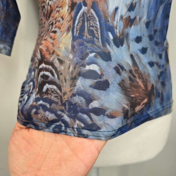 Vintage 90s Y2K Navy Feather Peacock Painting Micro Mesh Sheer Top USA - Picture 7 of 7